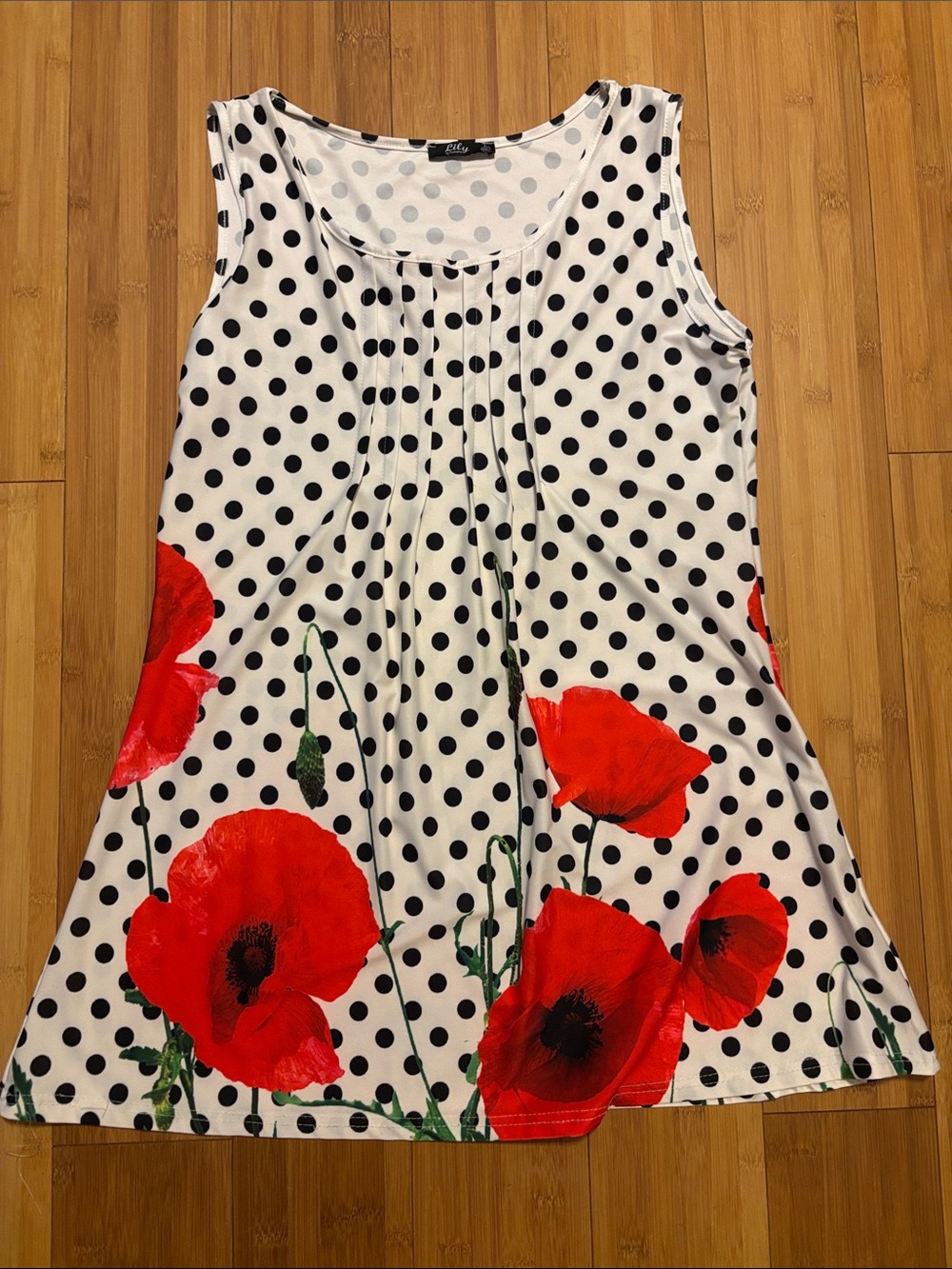 Sleeveless Polka Dot Mini Dress with Red Poppy Print
